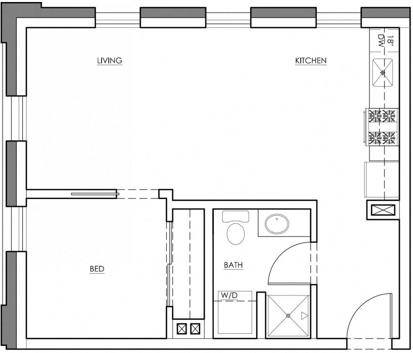 Floor plan for 1 bed, 1 bath, 596 sqft